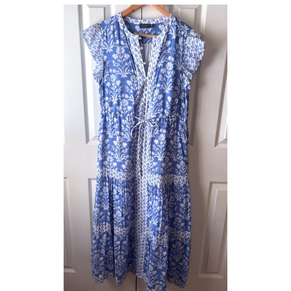 vineyard vines Blue White Cotton Voile Tie Waist Tiered Button Midi Dress XS